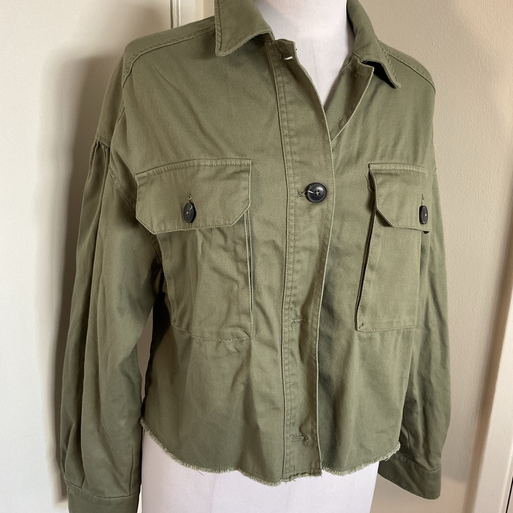 RACHEL Rachel Roy Raw Hem Utility Jacket in Olive Size Medium 100% Cotton - Picture 3 of 6